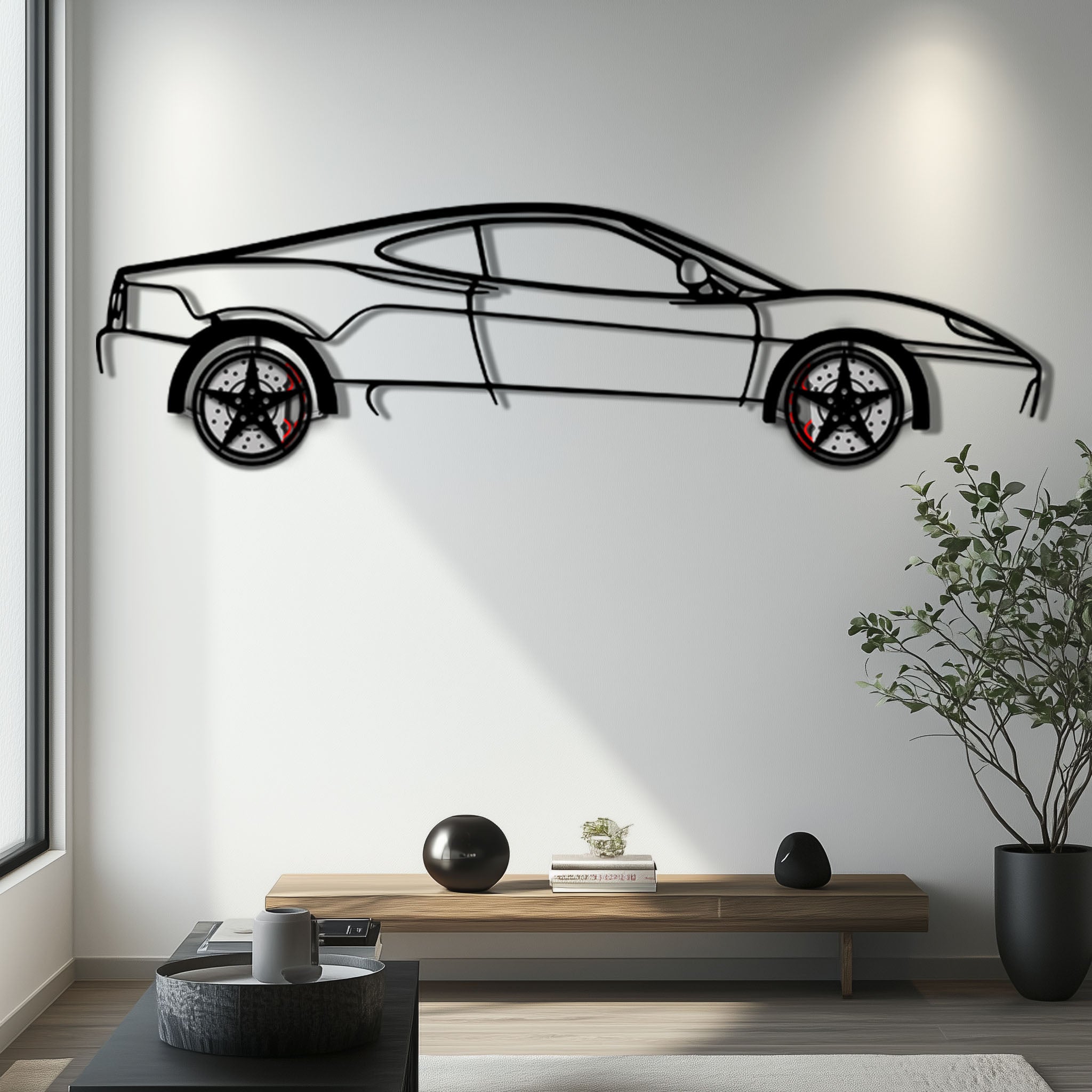 Ferrari 360 Modena Metal Car Wall Art with Rotating Wheels - Italian V8 Supercar Silhouette - Interactive Automotive Decor - KAFMEKA122