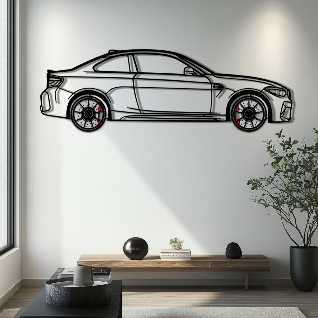 BMW M2 F87 Metal Car Wall Art with Rotating Wheels - M Power Compact Performance Silhouette - Interactive Automotive Decor - KAFMEKA107