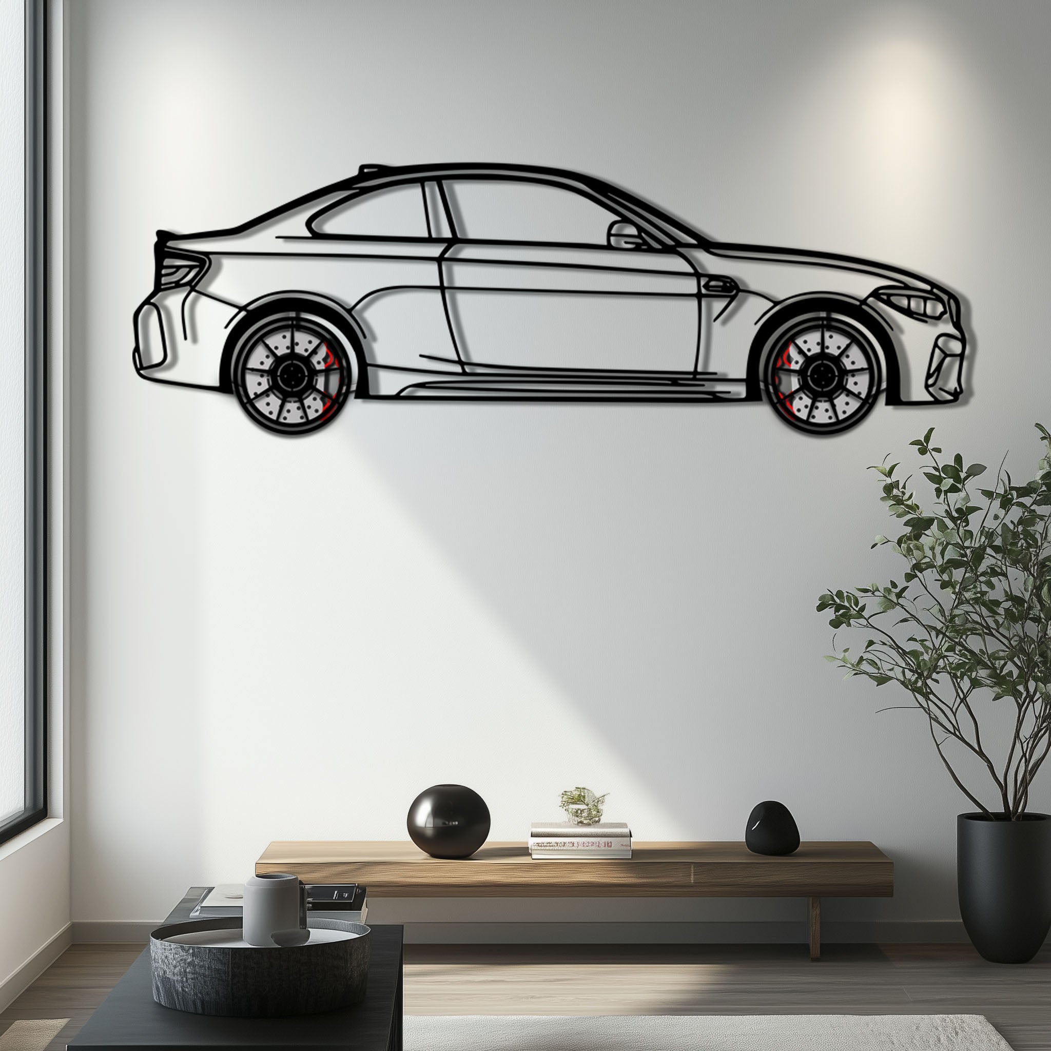 BMW M2 F87 Metal Car Wall Art with Rotating Wheels - M Power Compact Performance Silhouette - Interactive Automotive Decor - KAFMEKA107