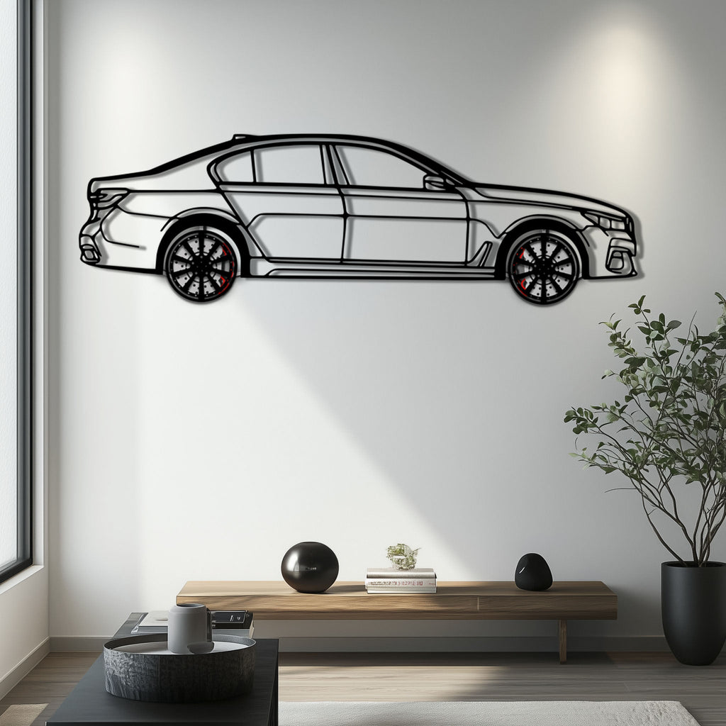 BMW 750i Metal Car Wall Art with Rotating Wheels - Luxury Executive Sedan Silhouette - Interactive Automotive Wall Decor - KAFMEKA104