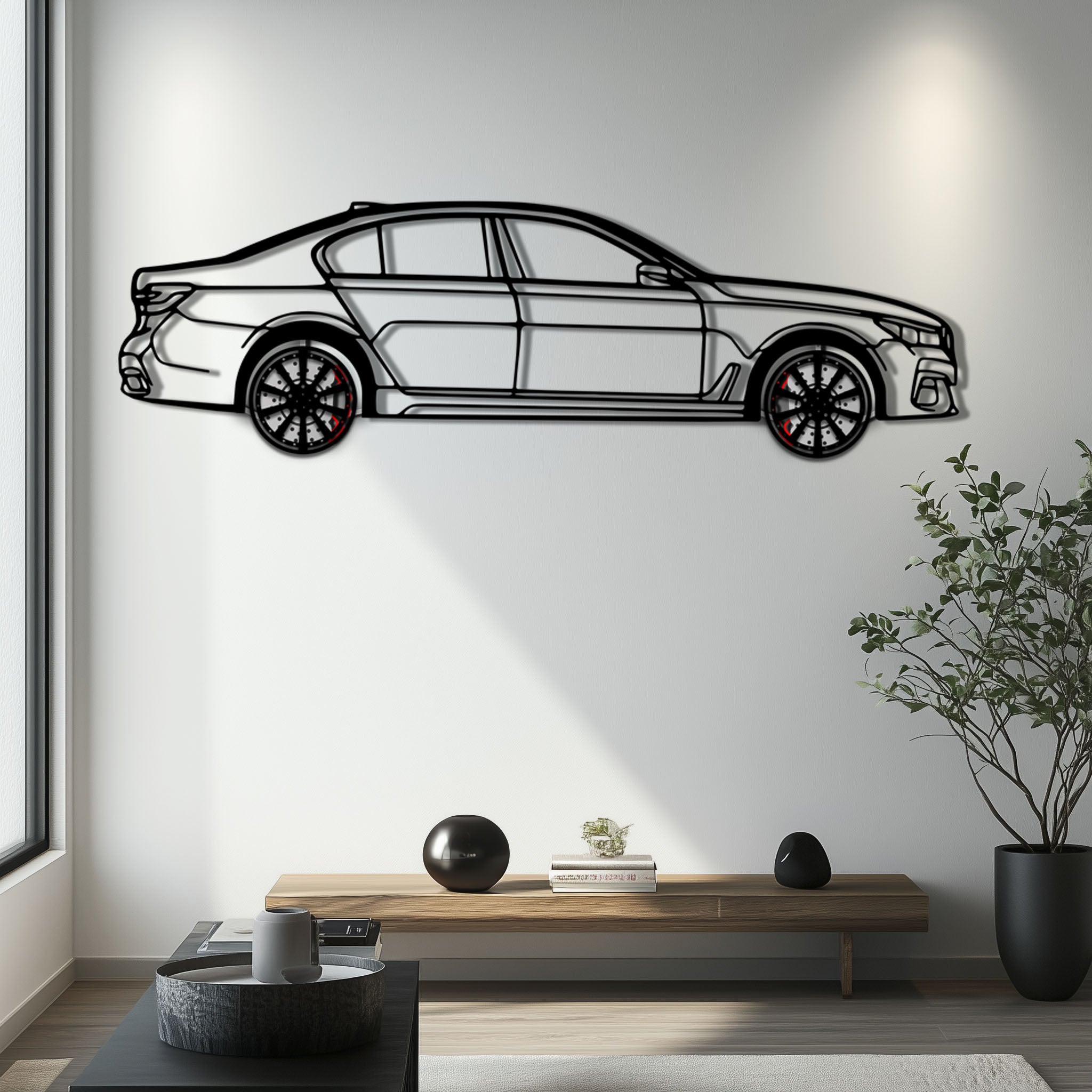 BMW 750i Metal Car Wall Art with Rotating Wheels - Luxury Executive Sedan Silhouette - Interactive Automotive Wall Decor - KAFMEKA104