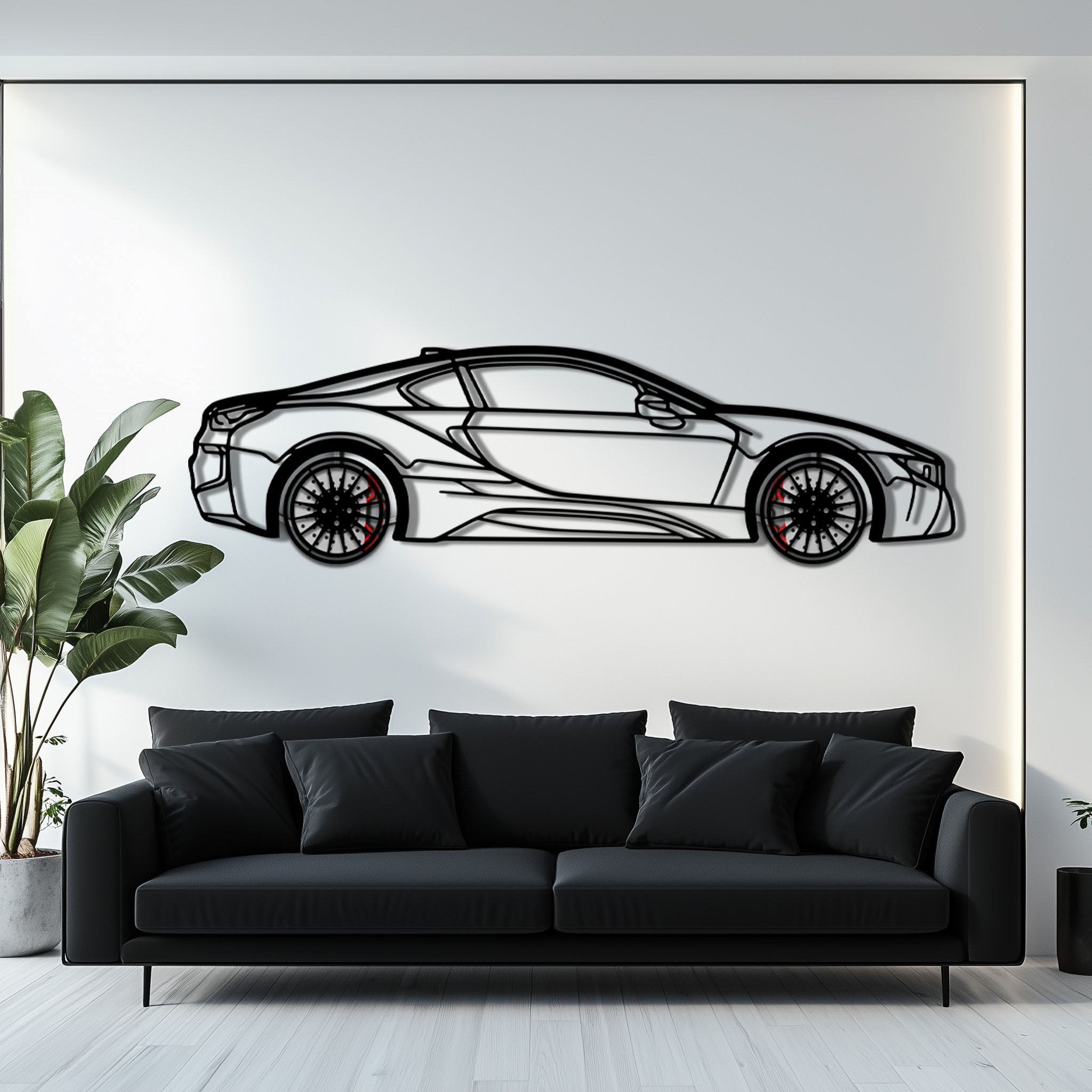 BMW i8 Metal Car Wall Art with Rotating Wheels - Futuristic Hybrid Supercar Silhouette - Interactive Automotive Decor - KAFMEKA106