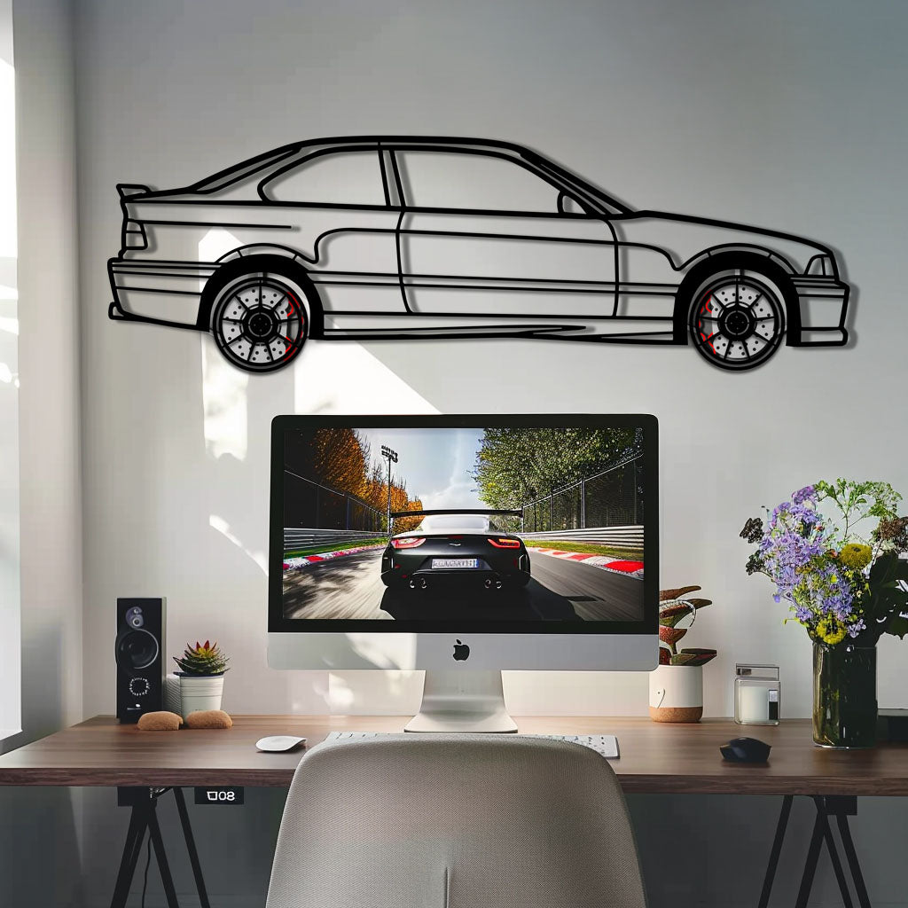 BMW E36 M3 Metal Car Wall Art with Rotating Wheels - 90s Performance Legend Silhouette - Interactive Automotive Wall Decor - KAFMEKA101