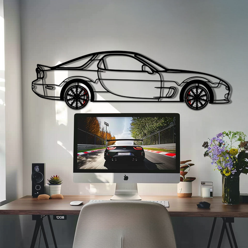 Mazda RX-7 Metal Car Wall Art with Rotating Wheels - FD3S Rotary Legend Silhouette - Interactive Automotive Wall Decor - KAFMEKA147