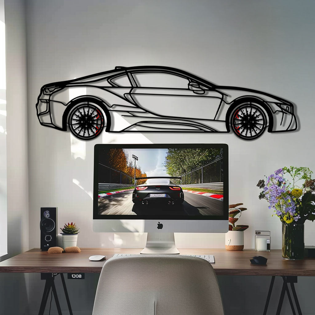 BMW i8 Metal Car Wall Art with Rotating Wheels - Futuristic Hybrid Supercar Silhouette - Interactive Automotive Decor - KAFMEKA106