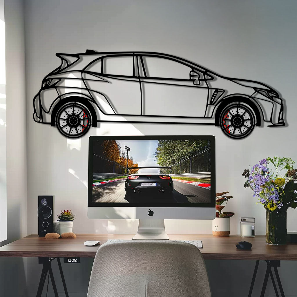 Toyota GR Corolla Metal Car Wall Art with Rotating Wheels - Rally-Inspired Hot Hatch Silhouette - Interactive JDM Automotive Decor - KAFMEKA158