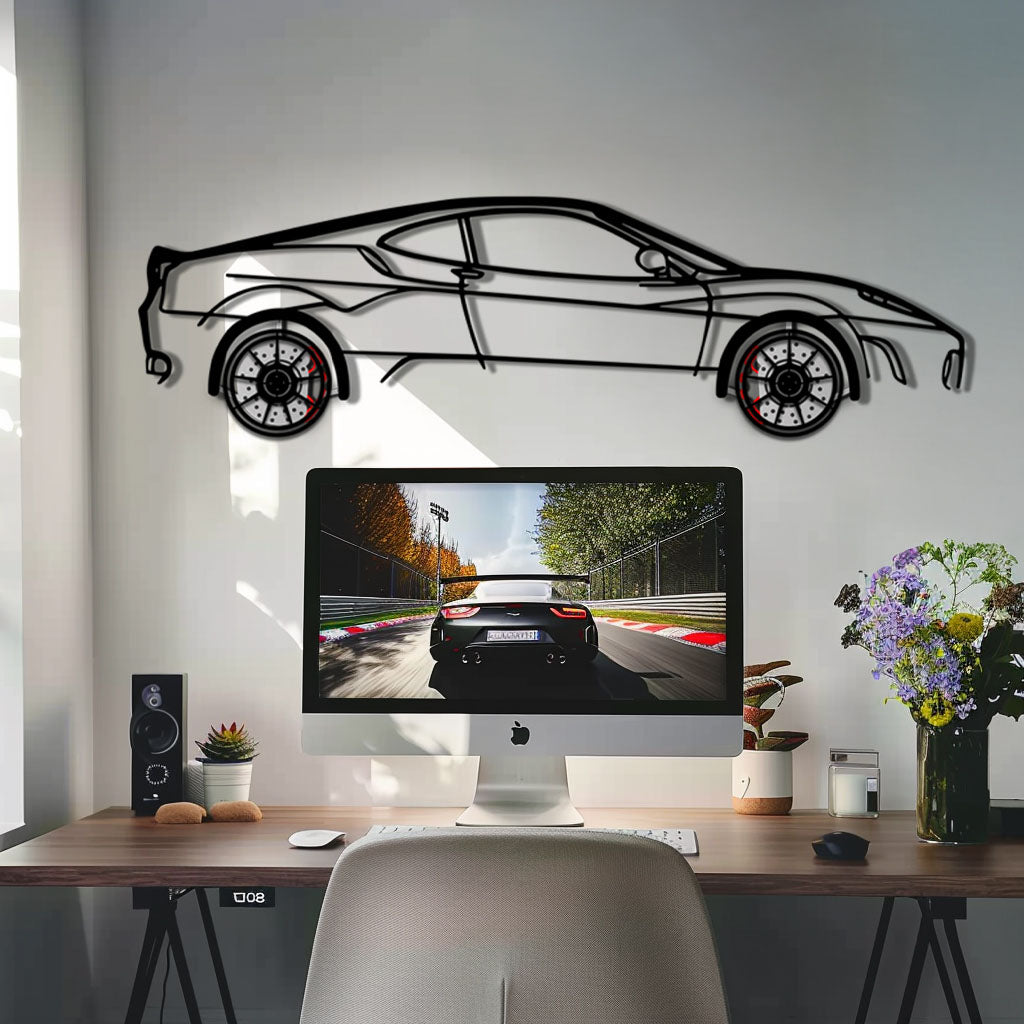 Ferrari F430 Metal Car Wall Art with Rotating Wheels - Italian V8 Supercar Silhouette - Interactive Automotive Wall Decor - KAFMEKA132