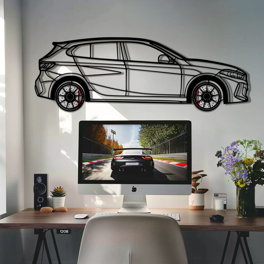 BMW 135i F40 Metal Car Wall Art with Rotating Wheels - M Performance Hatchback Silhouette - Interactive Automotive Decor - KAFMEKA102