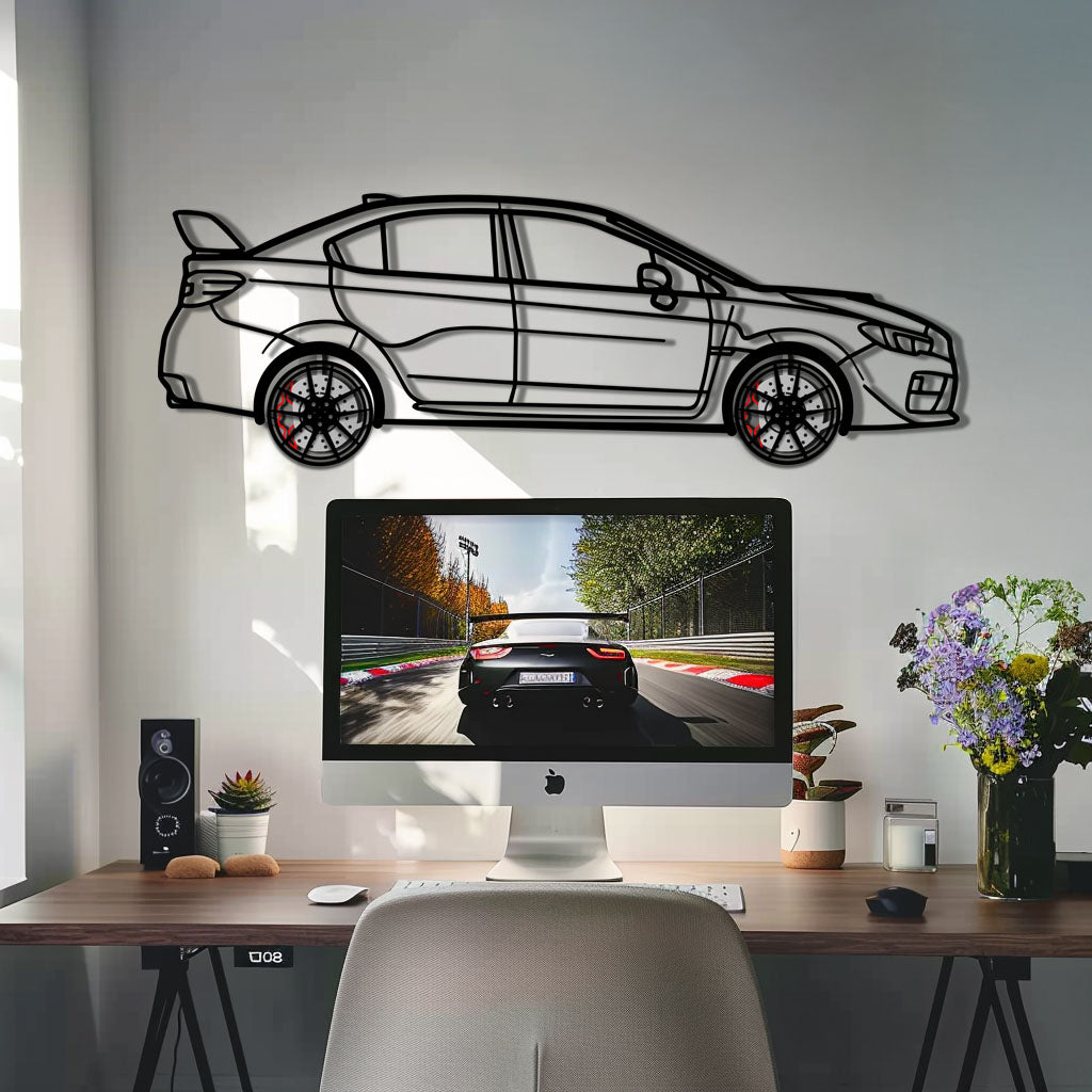 Subaru WRX Metal Car Wall Art with Rotating Wheels - Rally Legend Silhouette - Interactive Automotive Wall Decor - KAFMEKA155