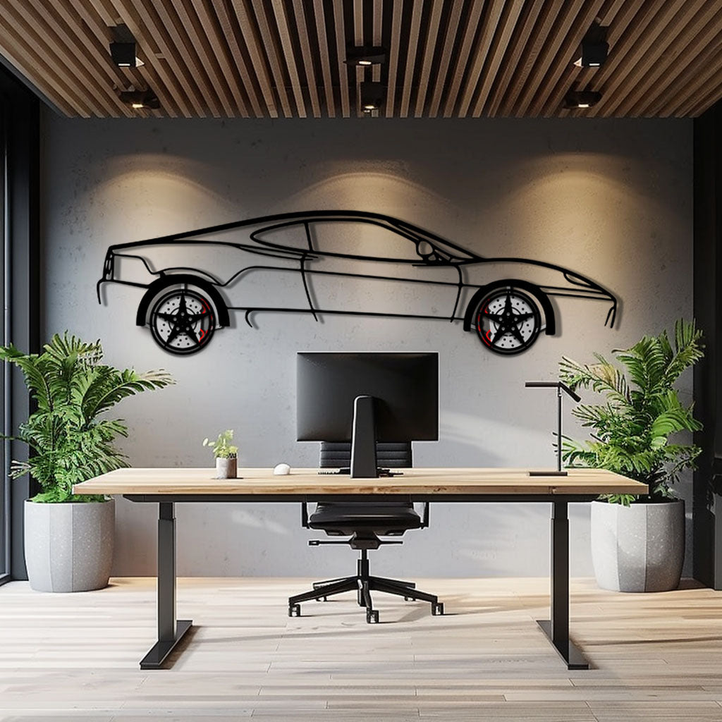 Ferrari 360 Modena Metal Car Wall Art with Rotating Wheels - Italian V8 Supercar Silhouette - Interactive Automotive Decor - KAFMEKA122