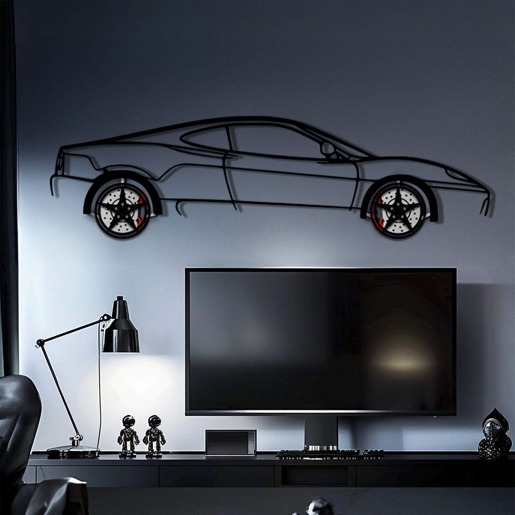Ferrari 360 Modena Metal Car Wall Art with Rotating Wheels - Italian V8 Supercar Silhouette - Interactive Automotive Decor - KAFMEKA122