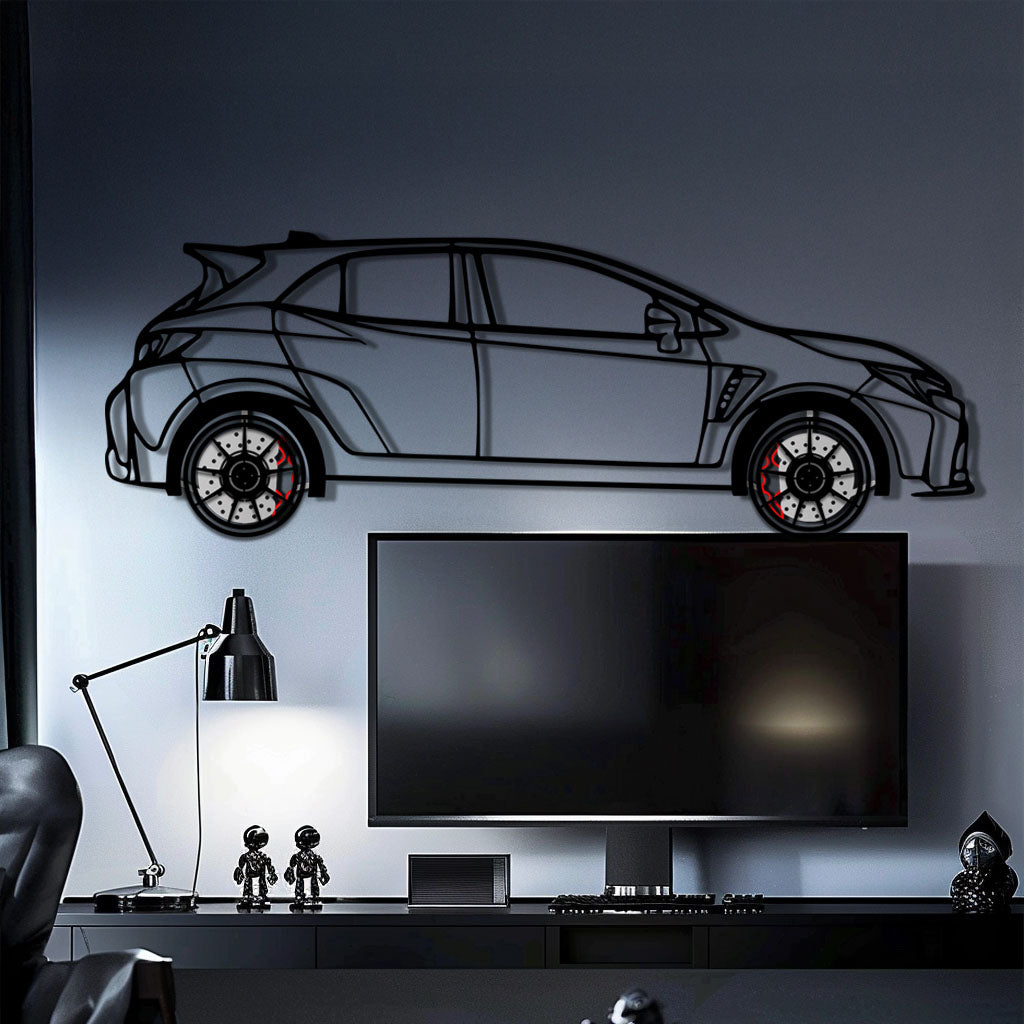 Toyota GR Corolla Metal Car Wall Art with Rotating Wheels - Rally-Inspired Hot Hatch Silhouette - Interactive JDM Automotive Decor - KAFMEKA158