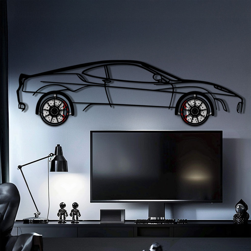 Ferrari F430 Metal Car Wall Art with Rotating Wheels - Italian V8 Supercar Silhouette - Interactive Automotive Wall Decor - KAFMEKA132