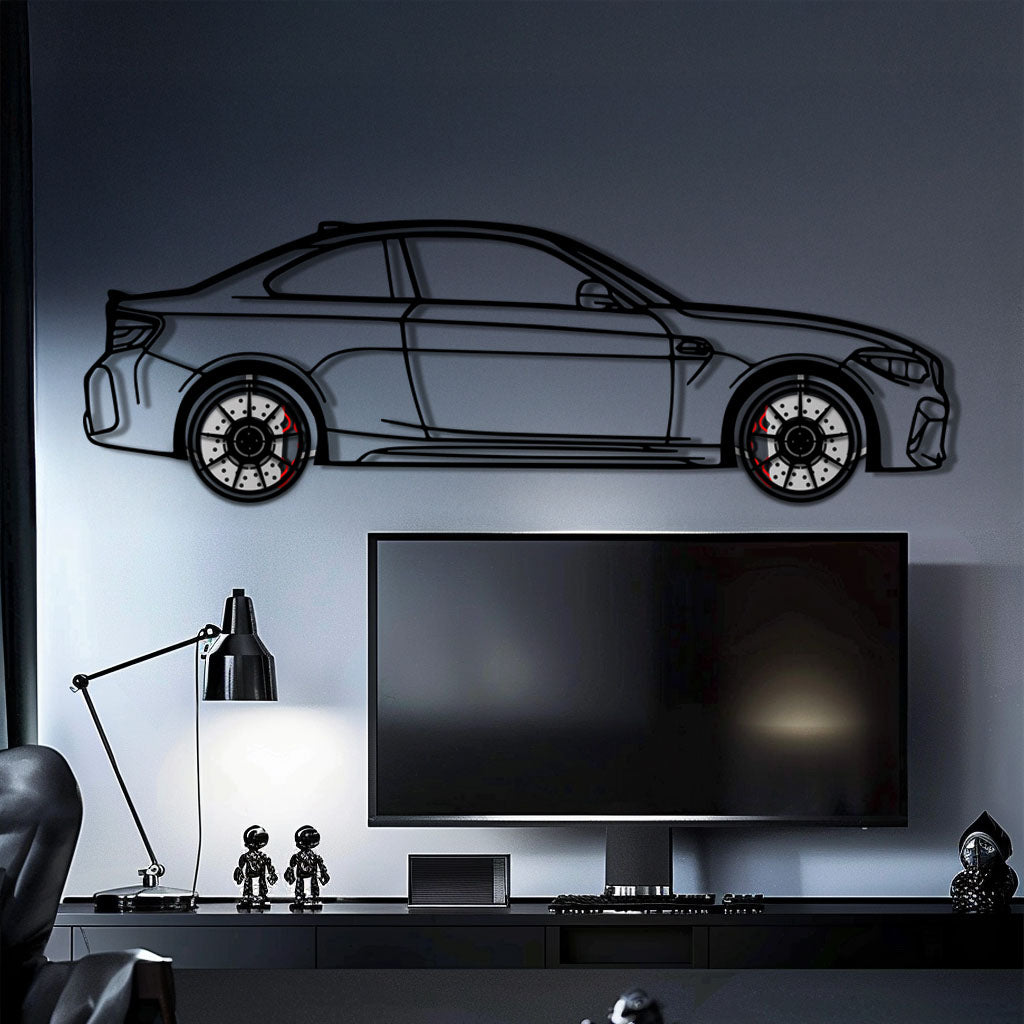 BMW M2 F87 Metal Car Wall Art with Rotating Wheels - M Power Compact Performance Silhouette - Interactive Automotive Decor - KAFMEKA107