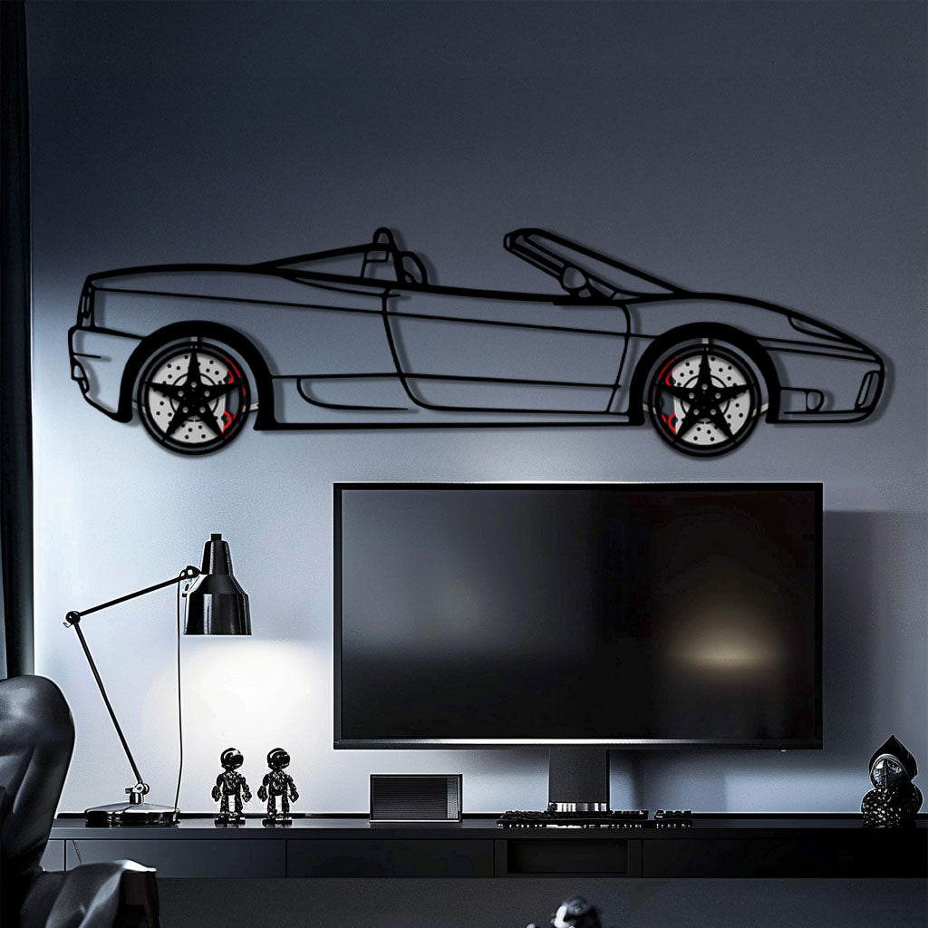 Ferrari 360 Spider Metal Car Wall Art with Rotating Wheels - Italian Convertible Supercar Silhouette - Interactive Automotive Wall Decor - KAFMEKA123