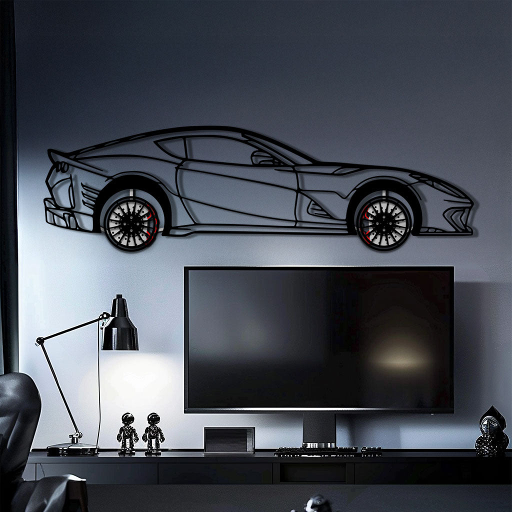 Ferrari 812 Superfast / F12 Metal Car Wall Art with Rotating Wheels - V12 Grand Tourer Silhouette - Interactive Automotive Wall Decor - KAFMEKA127
