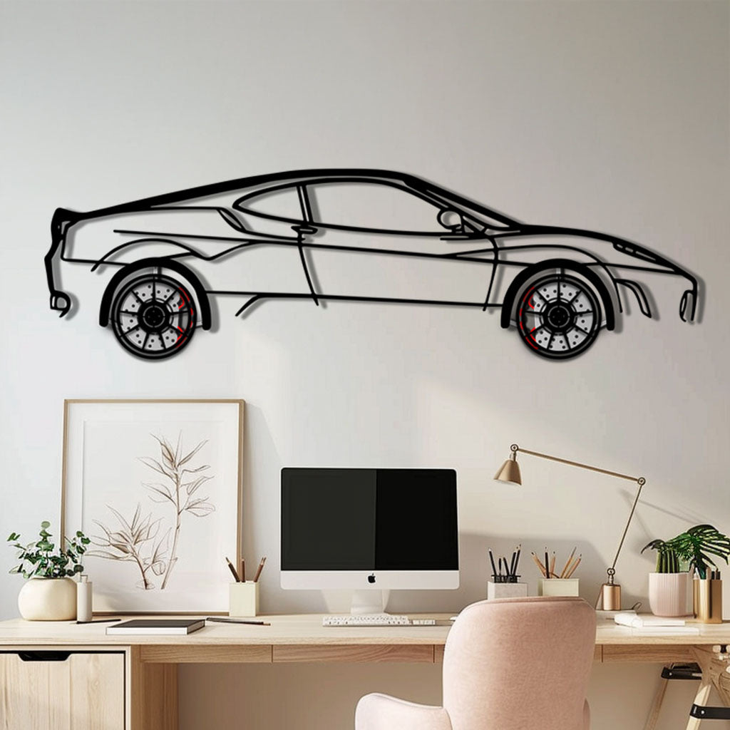 Ferrari F430 Metal Car Wall Art with Rotating Wheels - Italian V8 Supercar Silhouette - Interactive Automotive Wall Decor - KAFMEKA132