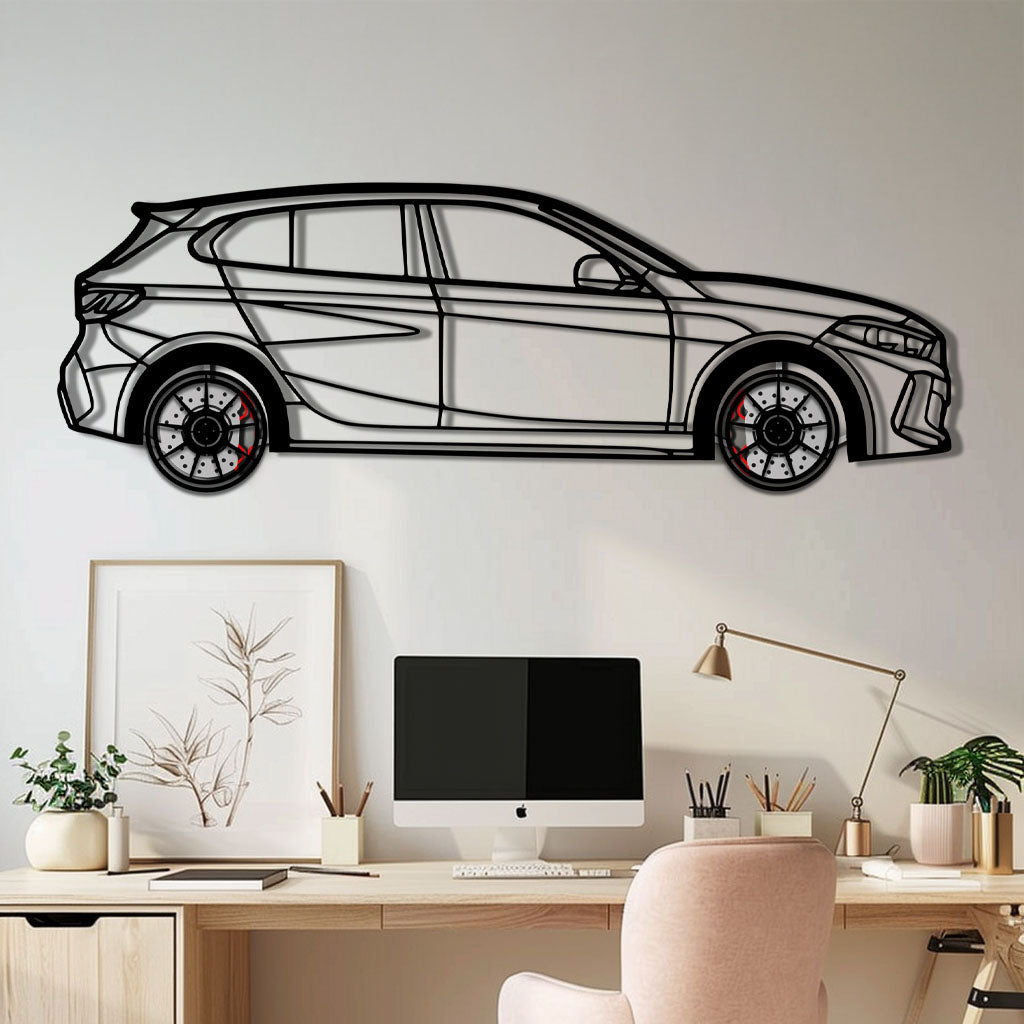 BMW 135i F40 Metal Car Wall Art with Rotating Wheels - M Performance Hatchback Silhouette - Interactive Automotive Decor - KAFMEKA102