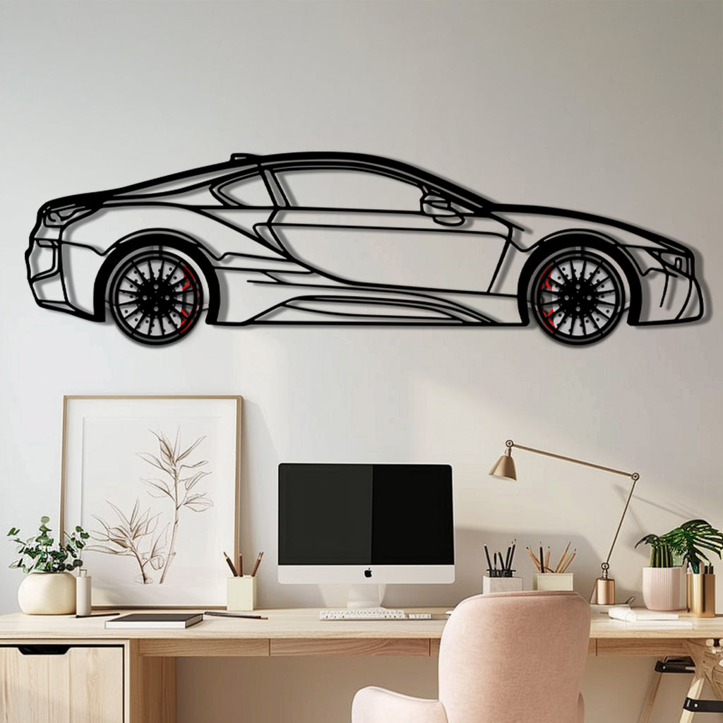 BMW i8 Metal Car Wall Art with Rotating Wheels - Futuristic Hybrid Supercar Silhouette - Interactive Automotive Decor - KAFMEKA106