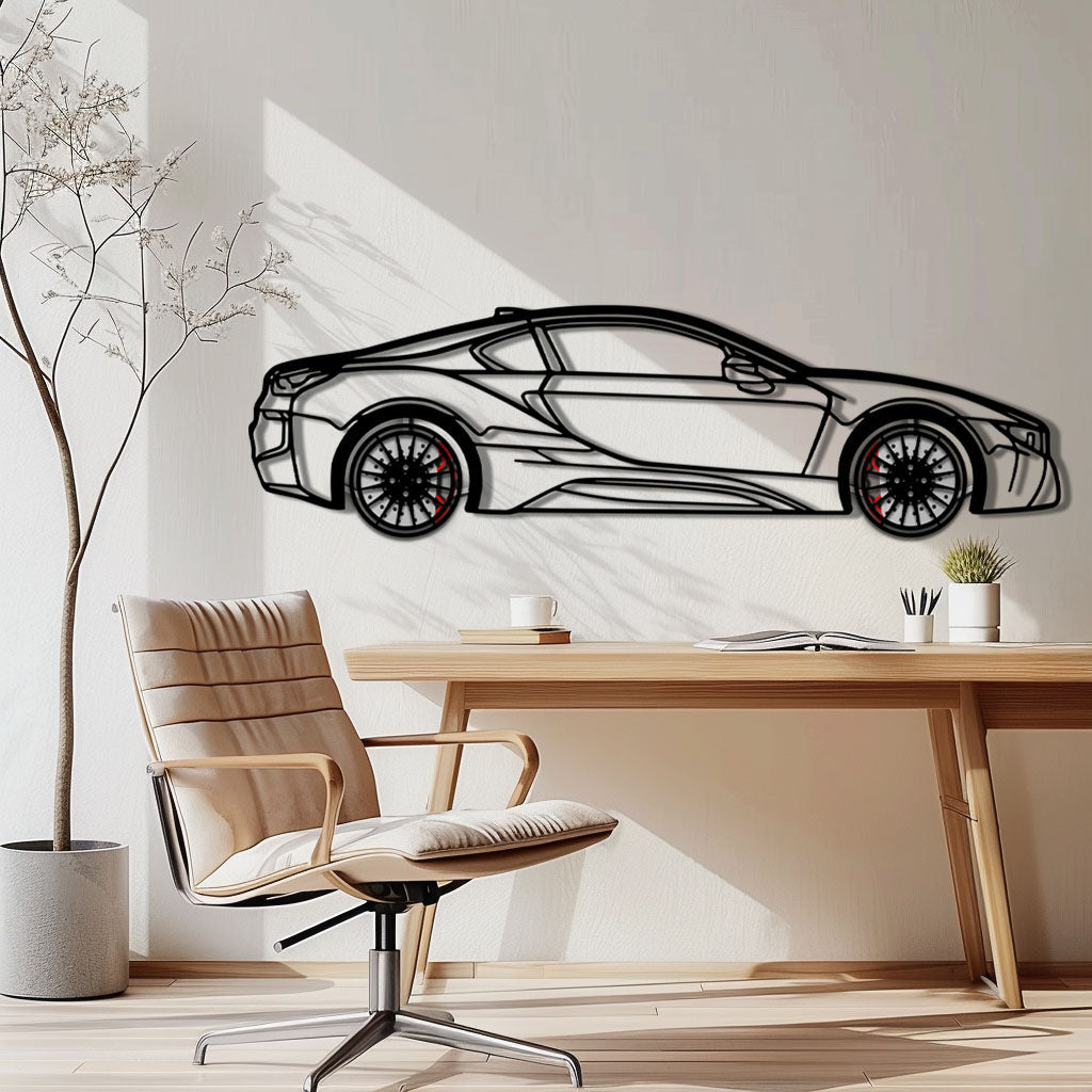 BMW i8 Metal Car Wall Art with Rotating Wheels - Futuristic Hybrid Supercar Silhouette - Interactive Automotive Decor - KAFMEKA106
