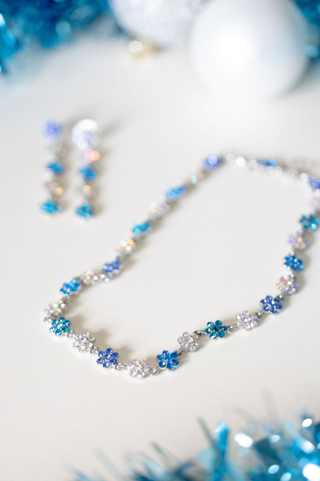 Blooming Blues rhinestone necklace and earrings