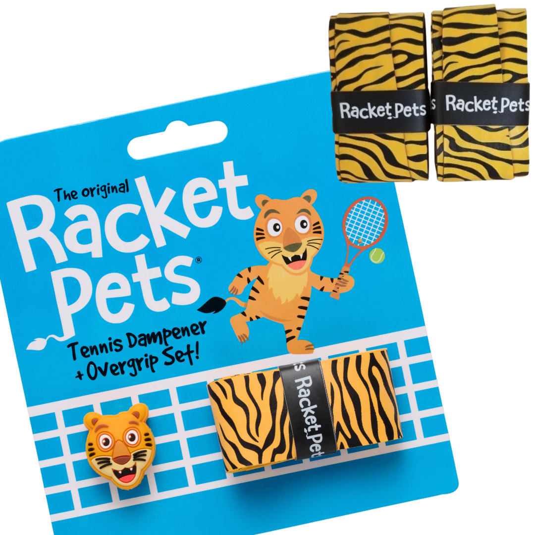 VALUE PACK - A Yellow Tiger Racket Pet Tennis Dampener and Overgrip Tape with a (Pack of 2) Replacement Overgrip Tape