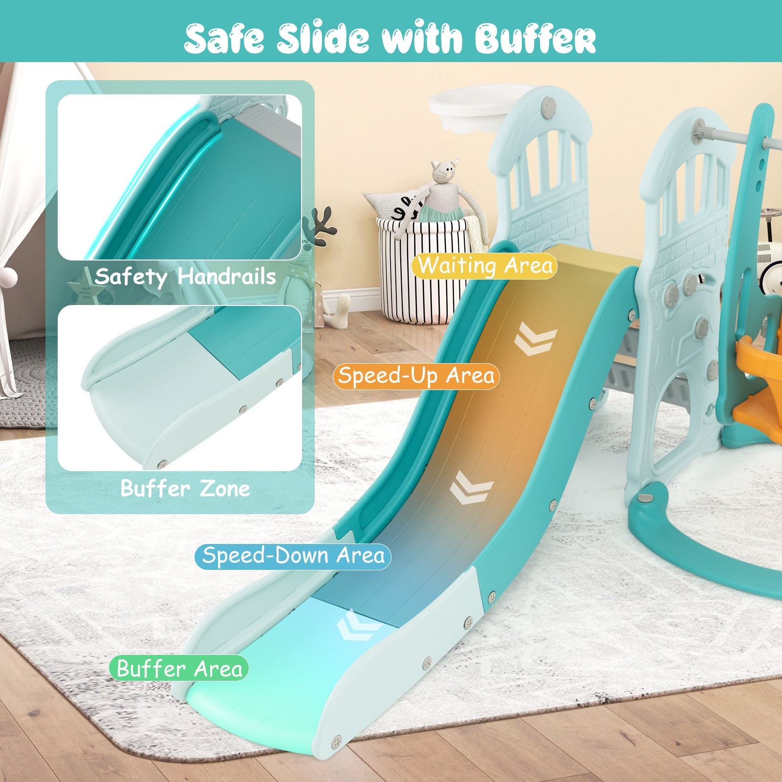 Toddler Slide and Swing Set  with Extra-long Slide Height Adjustable Swing Basketball Hoop and Climber