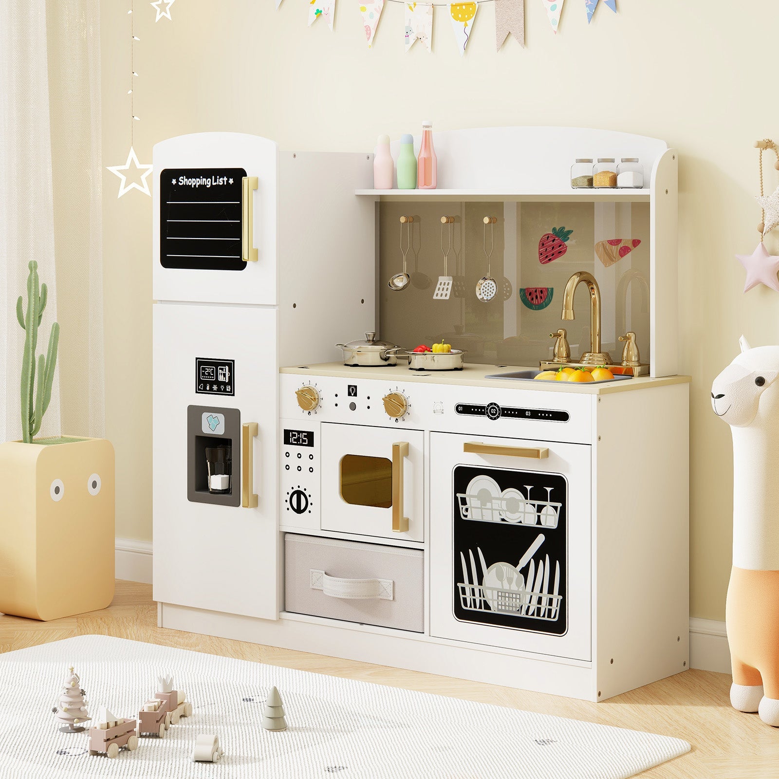 Wooden Kids Kitchen Playset with Chalkboard Ice Maker Sink Lighted Microwave-White