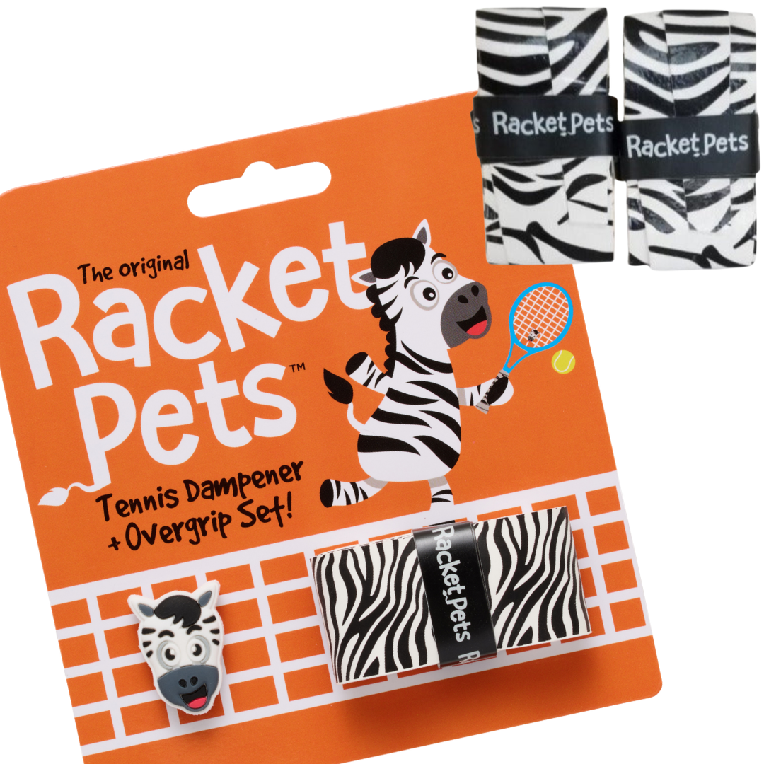 VALUE PACK - A Black and White Zebra Racket Pet Tennis Dampener and Overgrip Tape with a (Pack of 2) Replacement Overgrip Tape