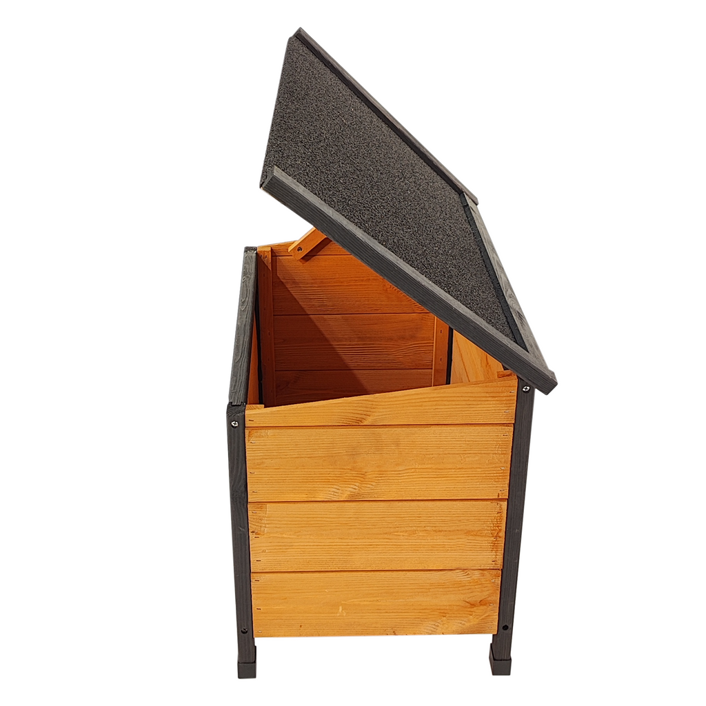 XPT088 Wearable and Strong Wooden Dog House with Metal Bowls and Toy Box, Natural, Solid Wood, 55.12 x 38.98 x 37.00 inches