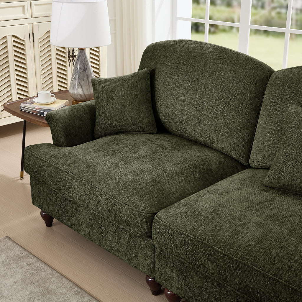 Classic U Shape 4 Seater Modular Sectional Sofa Couch with Flared Arms and Removable Ruffles Pleats Skirts and Spindle Legs, Chenille Deep Seat Cloud Sofa with Movable Ottomans, Green