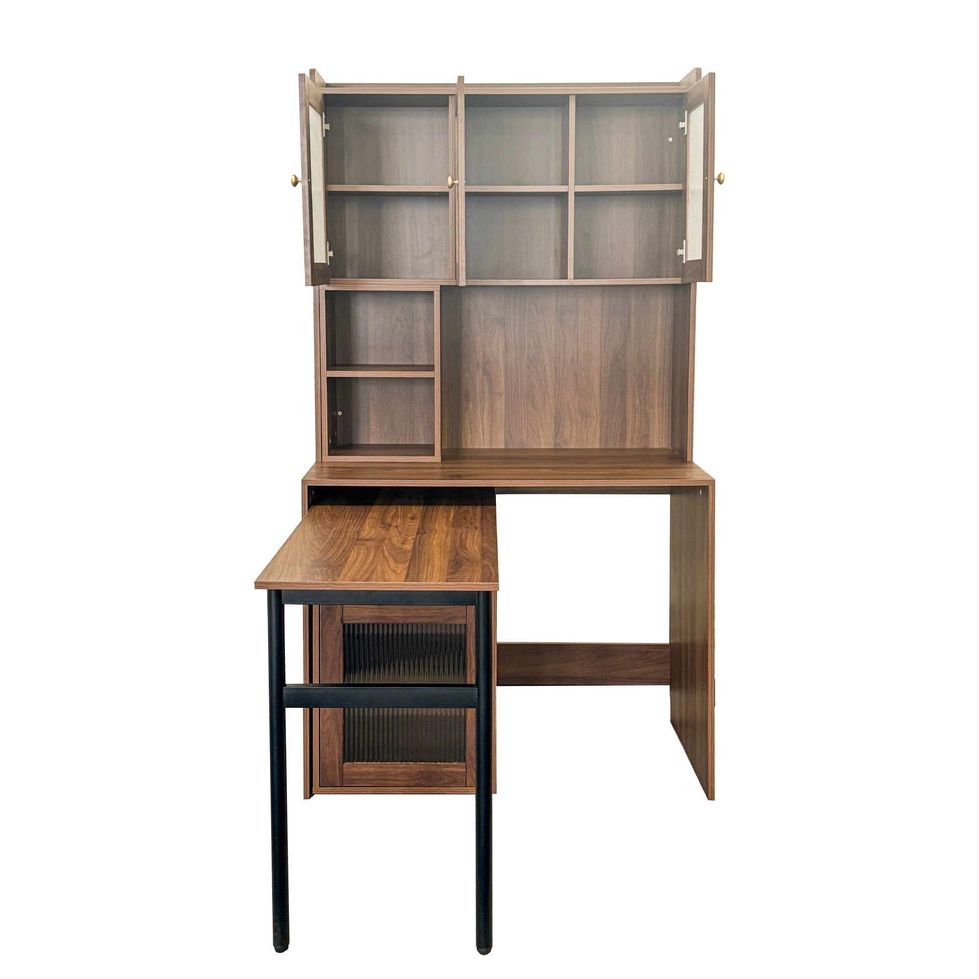 Computer Desk with glass door for Home Office or Study desk,  Bookshelf & Hutch, Computer Desk with 90 Degree Rotating Desktop,Large Working Space