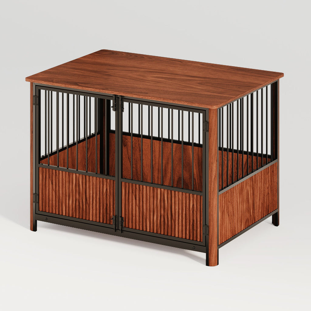 43'' Walnut Fluted Wood Furniture Style Dog Crate for Large & Medium Dogs - Double Door Design, Decorative Pet House & Indoor Side End Table.