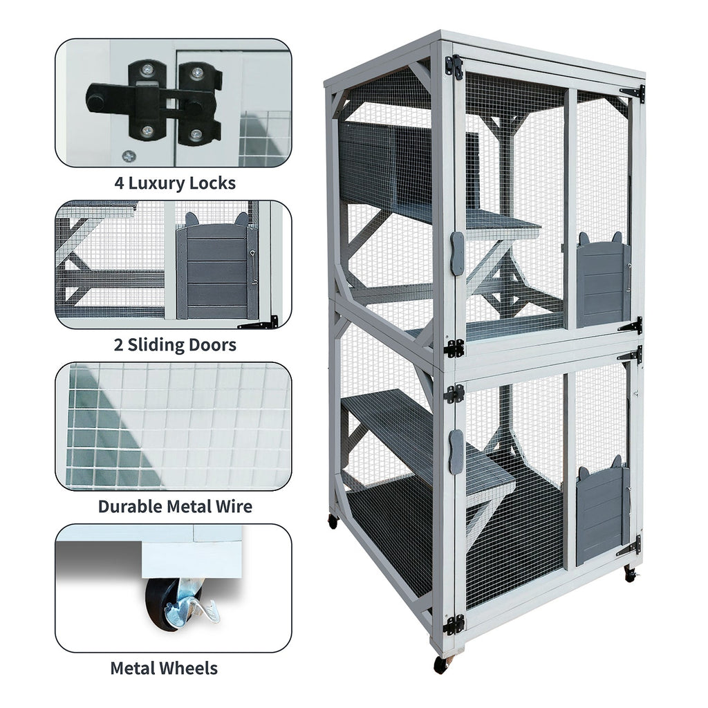 30.7'  Wooden Catio Outdoor Cat Enclosure, Luxury Cat House on Wheels with Napping House, 4 Platforms & Weatherproof Asphalt Roof, Large Kitty Cat Condo Cage Shelter Playpen with Sliding Doors
