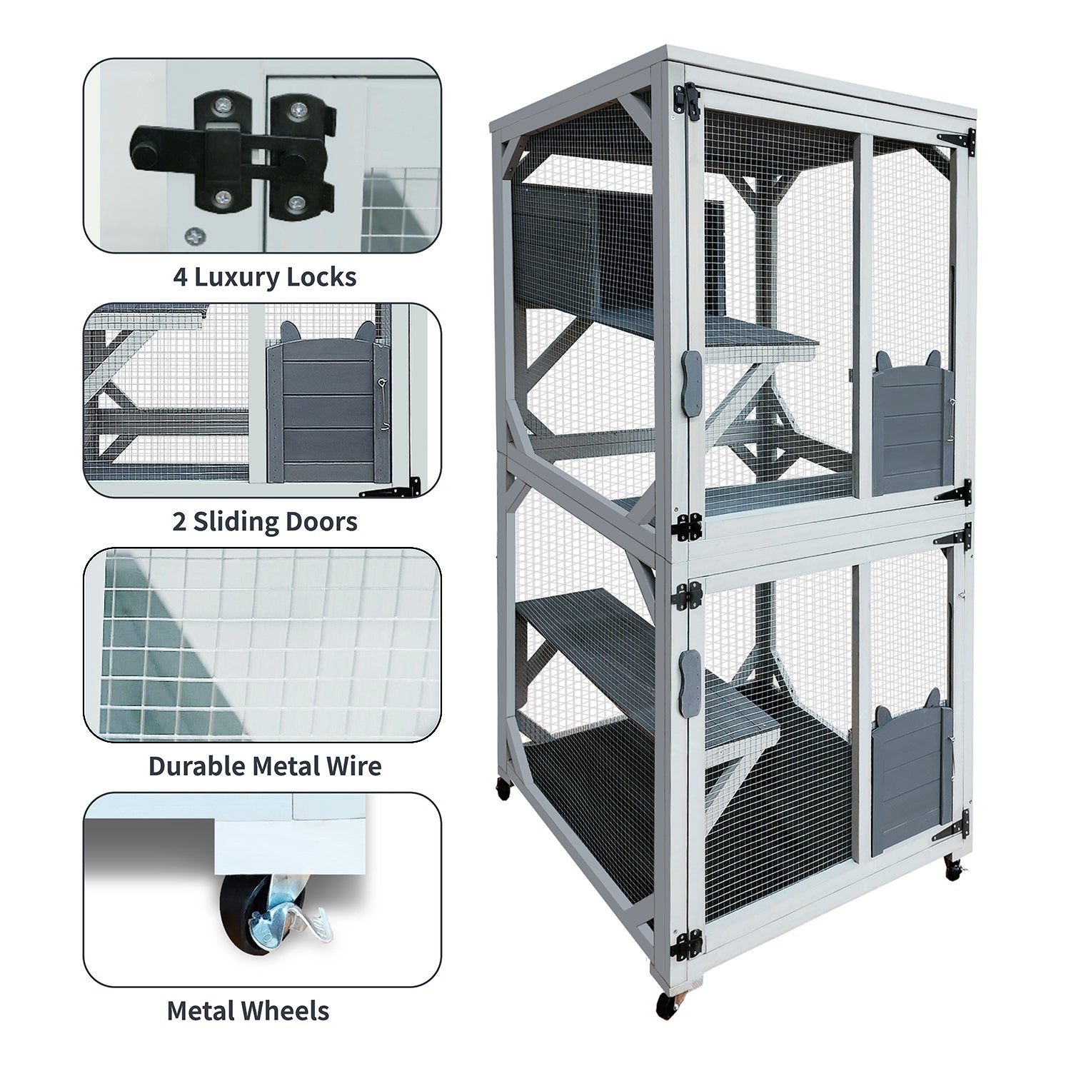 30.7'  Wooden Catio Outdoor Cat Enclosure, Luxury Cat House on Wheels with Napping House, 4 Platforms & Weatherproof Asphalt Roof, Large Kitty Cat Condo Cage Shelter Playpen with Sliding Doors