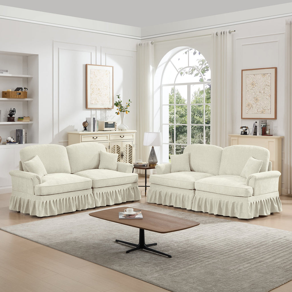 Classic 2 Piece Modular Couch Living Room Sofa Set with Flared Arms and Removable Ruffles Pleats Skirts and Spindle Legs, 2 Seater Sofa + 2-Seat Loveseat Sofa Sets for Living Room, Beige White