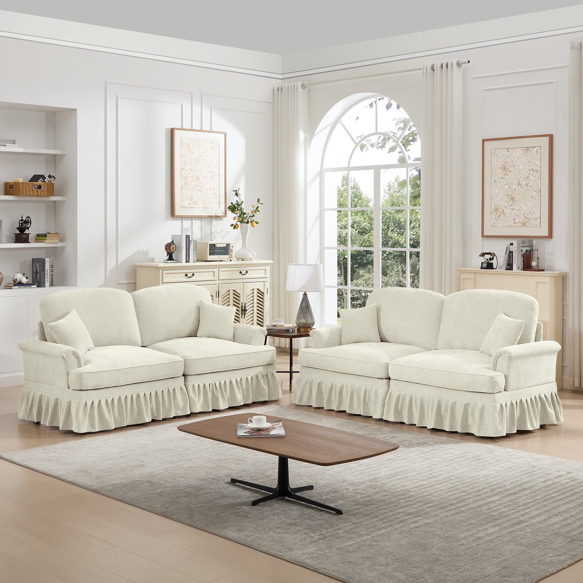 Classic 2 Piece Modular Couch Living Room Sofa Set with Flared Arms and Removable Ruffles Pleats Skirts and Spindle Legs, 2 Seater Sofa + 2-Seat Loveseat Sofa Sets for Living Room, Beige White