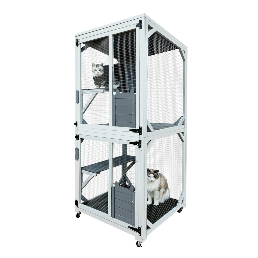 30.7'  Wooden Catio Outdoor Cat Enclosure, Luxury Cat House on Wheels with Napping House, 4 Platforms & Weatherproof Asphalt Roof, Large Kitty Cat Condo Cage Shelter Playpen with Sliding Doors