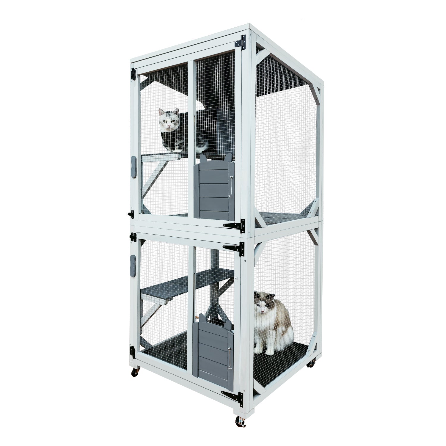 30.7'  Wooden Catio Outdoor Cat Enclosure, Luxury Cat House on Wheels with Napping House, 4 Platforms & Weatherproof Asphalt Roof, Large Kitty Cat Condo Cage Shelter Playpen with Sliding Doors