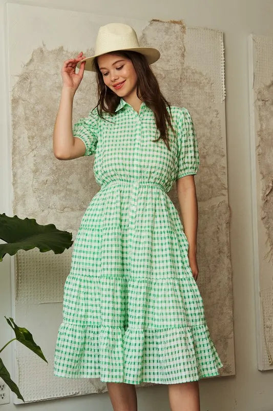 Davi & Dani Checkered Puff Sleeve Tiered Shirt Dress