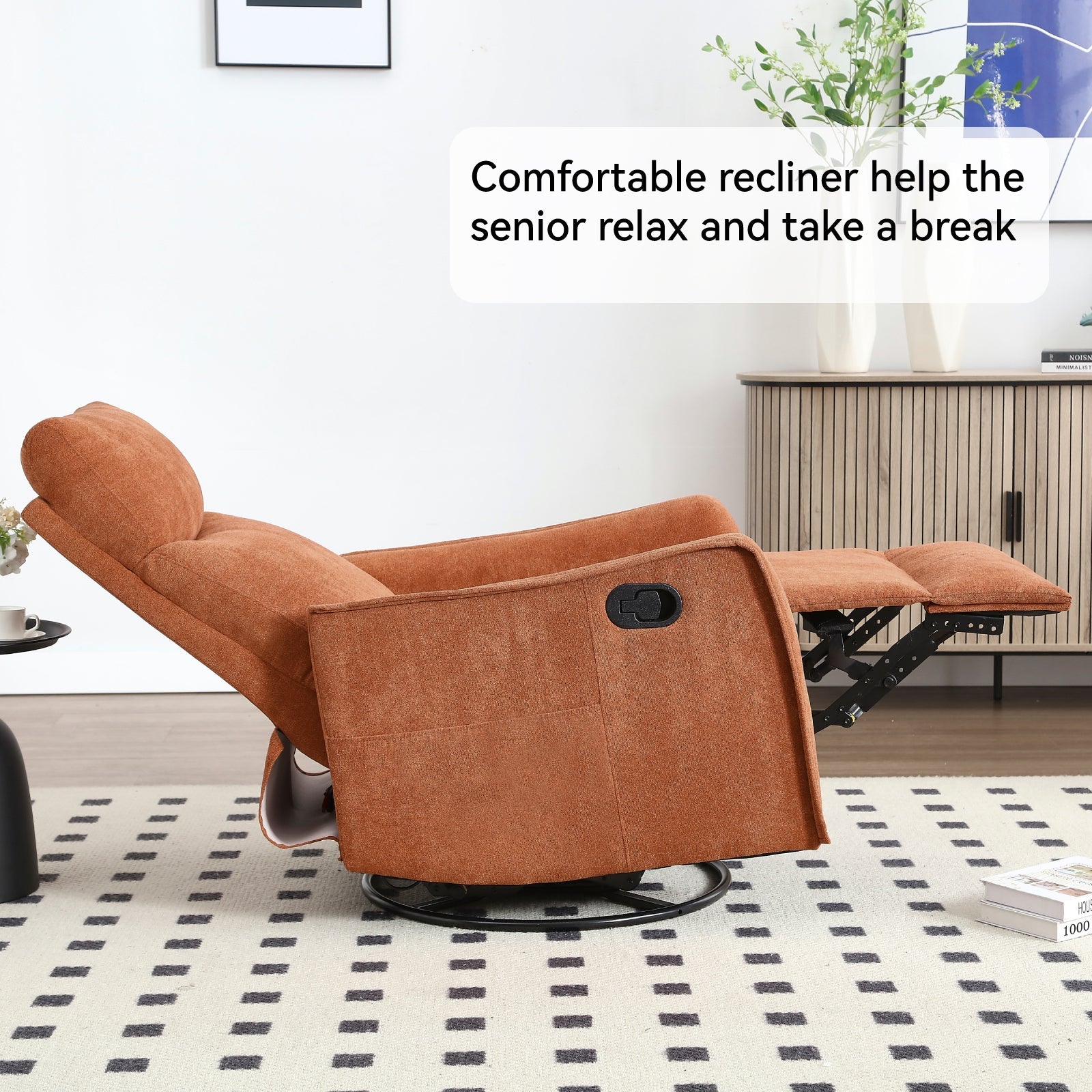 Heat Massage Manual Recliner Chair with Rocker and Swivel in Fabric for Living Room, Orange