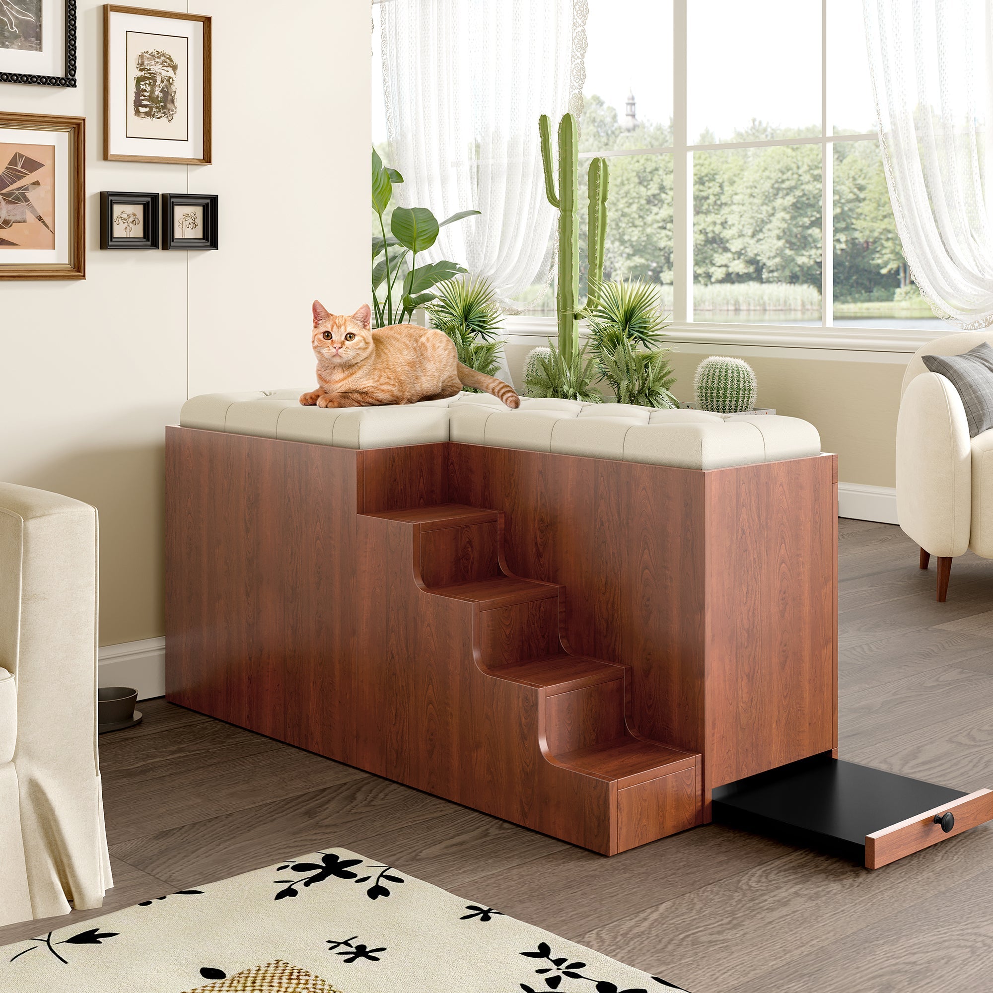 56'L, Furniture Style 2 in 1 Dog Crate with Padded Seat, Sliding Barn Door, Luxury Wooden Dog Kennel, End of Bed Bench Ottoman with Removable Cushion for Bedroom, Living Room, Walnut