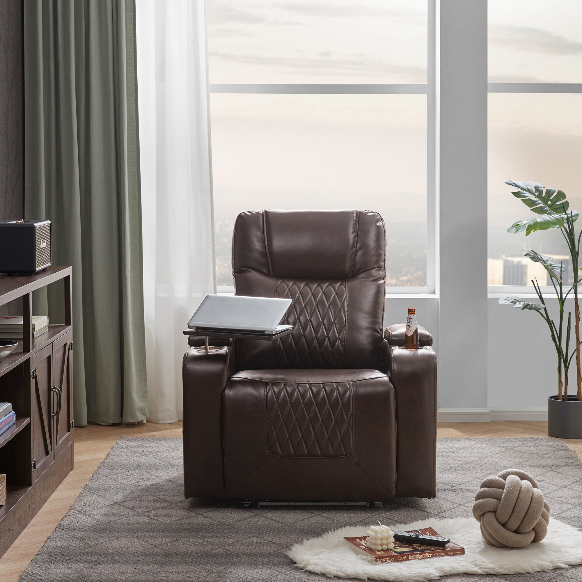 Power Motion Recliner with USB Charging Port, Hidden Arm Storage, 2 Cup Holders, 360° Swivel Tray Table, Brown PU Leather