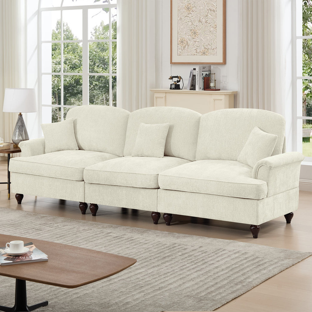 Elegant Mid Century Large 3 Seater Sofa Couch with Flared Arms and Removable Ruffles Pleats Skirts and Spindle Legs, Comfy Chenille Three-Seat Sofa for Living Room, Beige White