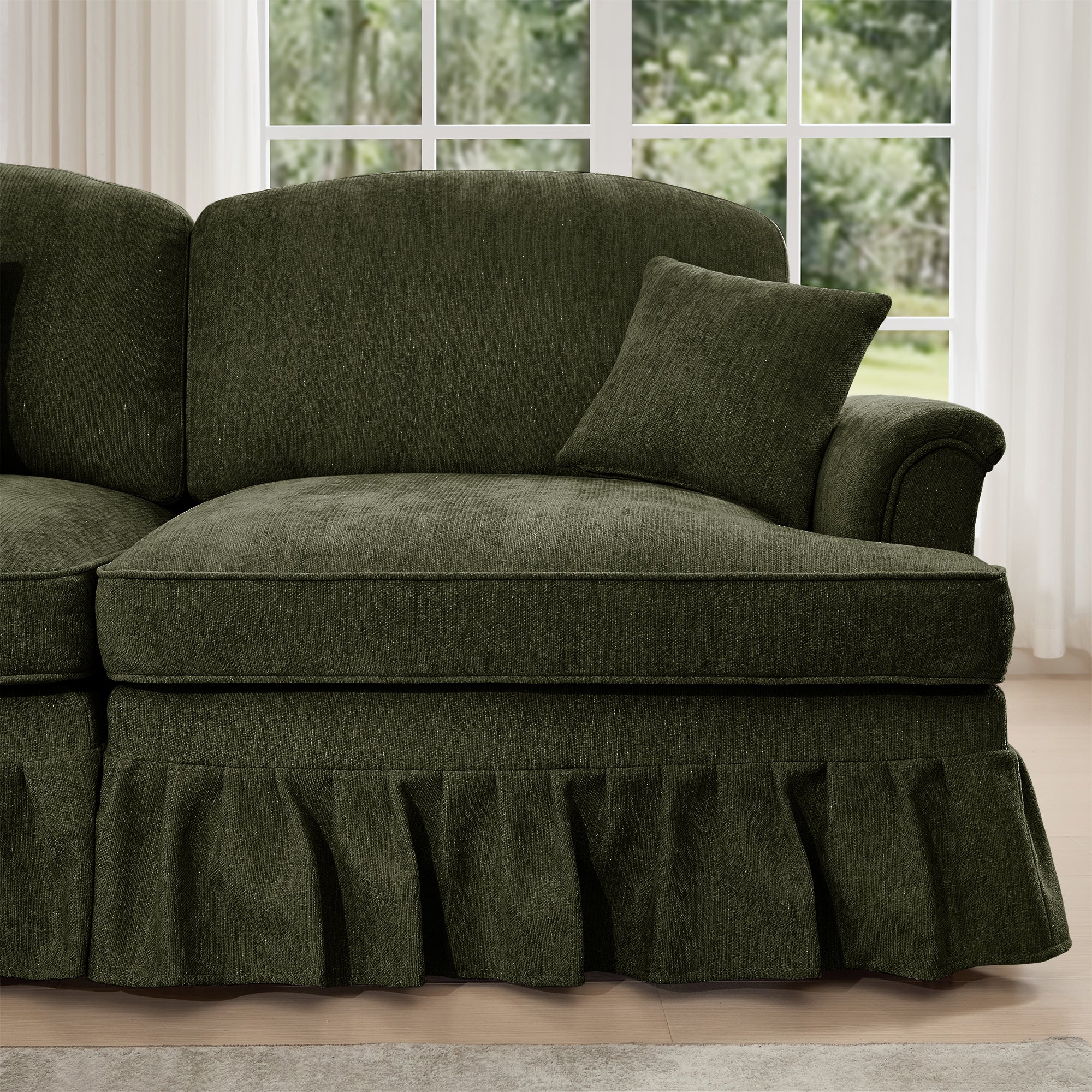 Classic 2 Piece Modular Couch Living Room Sofa Set with Flared Arms and Removable Ruffles Pleats Skirts and Spindle Legs, 3 Seater Sofa + 2-Seat Loveseat Sofa Sets for Living Room,Green