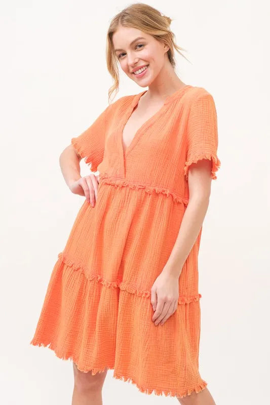 And The Why Washed Frayed Detail Tiered Dress