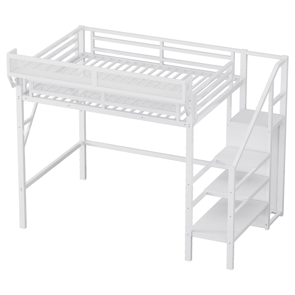 Twin XL Size Loft Bed with Stairs, Metal Full Loft Bed with Storage Shelves, High Loft Bed with Wardrobe for Kids Teens,White(Expect Arrival Date 2025/10/14)