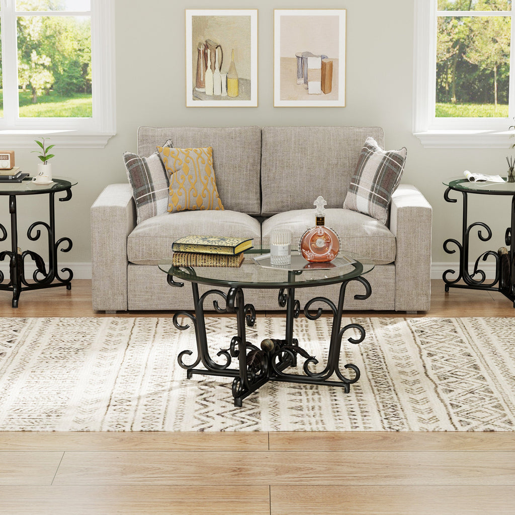 3-Piece Coffee Table Set, Tempered Glass Surface with Sturdy Metal Frame - Modern Living Room Sets (1 Coffee Table + 2 End Tables), Scratch-Resistant & Easy to Clean for Small Spaces, Apartments