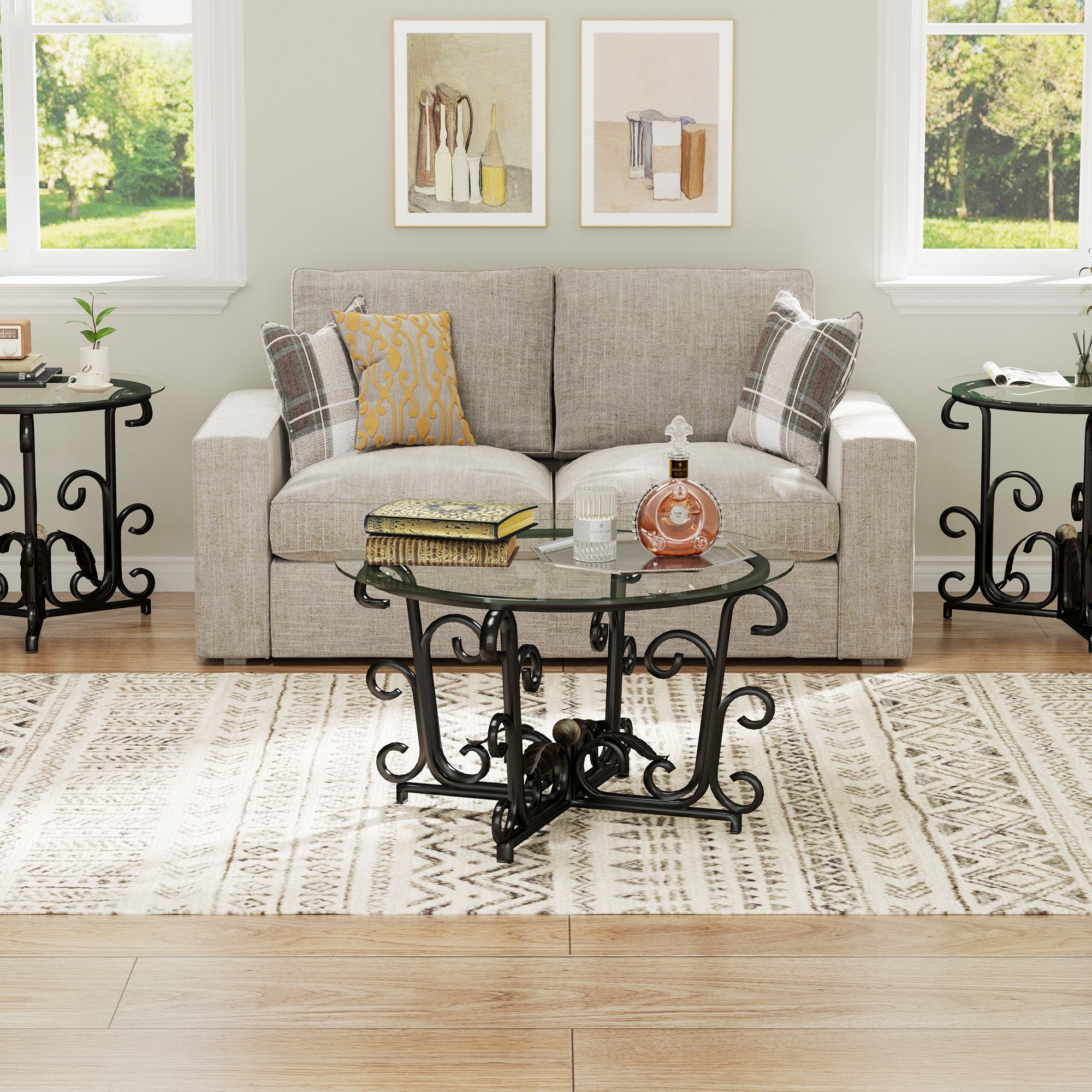 3-Piece Coffee Table Set, Tempered Glass Surface with Sturdy Metal Frame - Modern Living Room Sets (1 Coffee Table + 2 End Tables), Scratch-Resistant & Easy to Clean for Small Spaces, Apartments