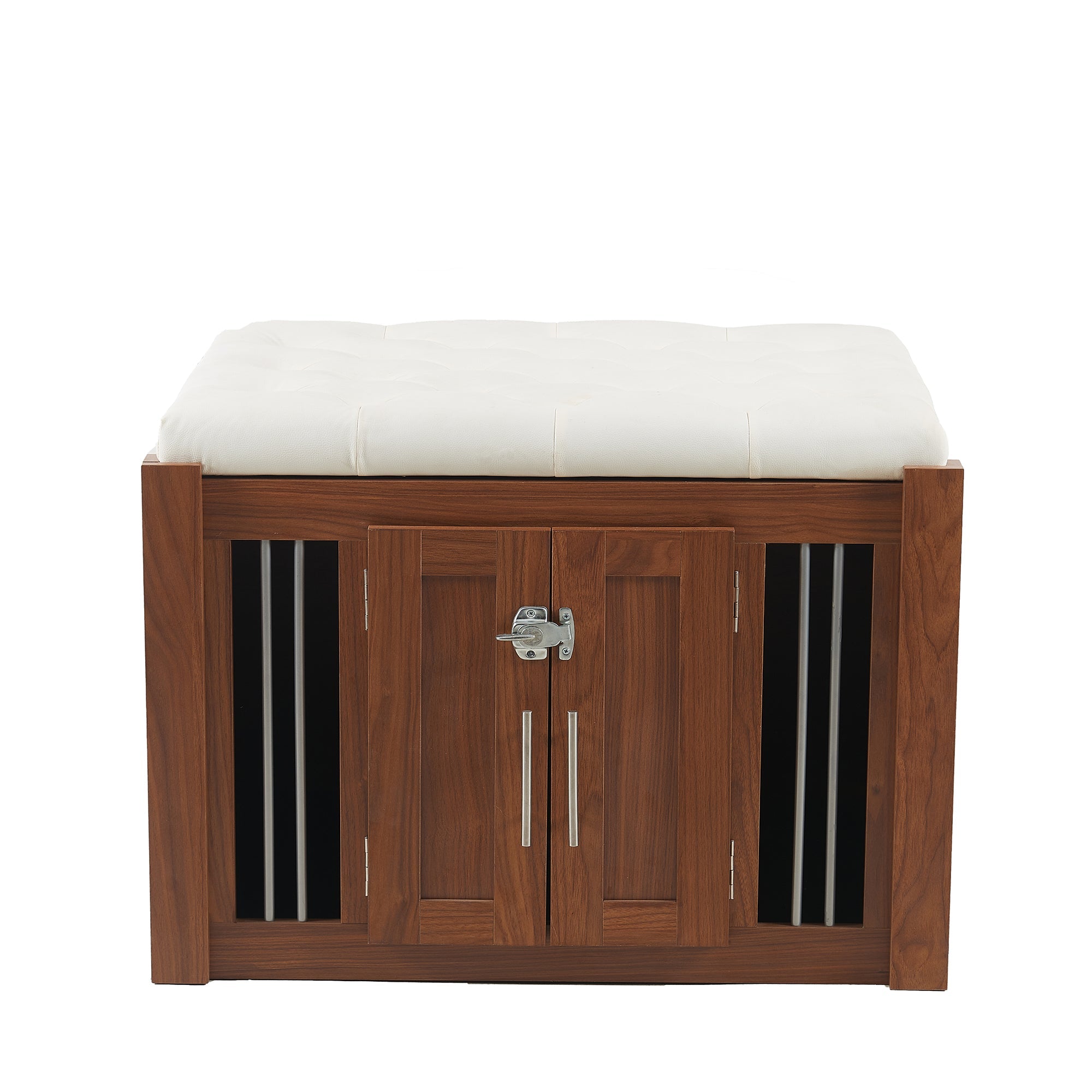 30.25'L, 2 in 1 Dog Crate with Padded Seat, Sliding Barn Door, Luxury Wooden Dog Kennel, End of Bed Bench Ottoman with Removable Cushion for Bedroom, Living Room, Walnut